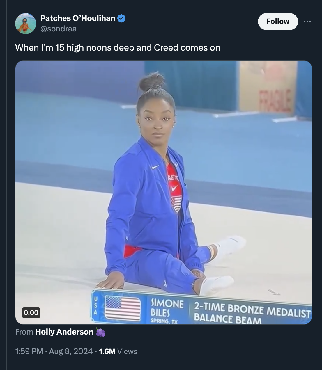 screenshot - Patches O'Houlihan When I'm 15 high noons deep and Creed comes on From Holly Anderson 1.6M Views Fragile Simone Diles 2Time Bronze Medalist Balance Beam Spring, Tx